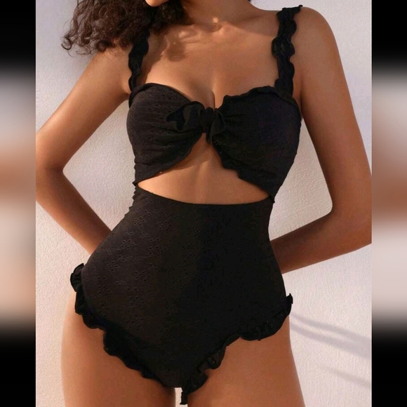 Summer Beach Cut-Out Frill Trim Knot Front One Piece Swimsuit - Picture 3 of 4